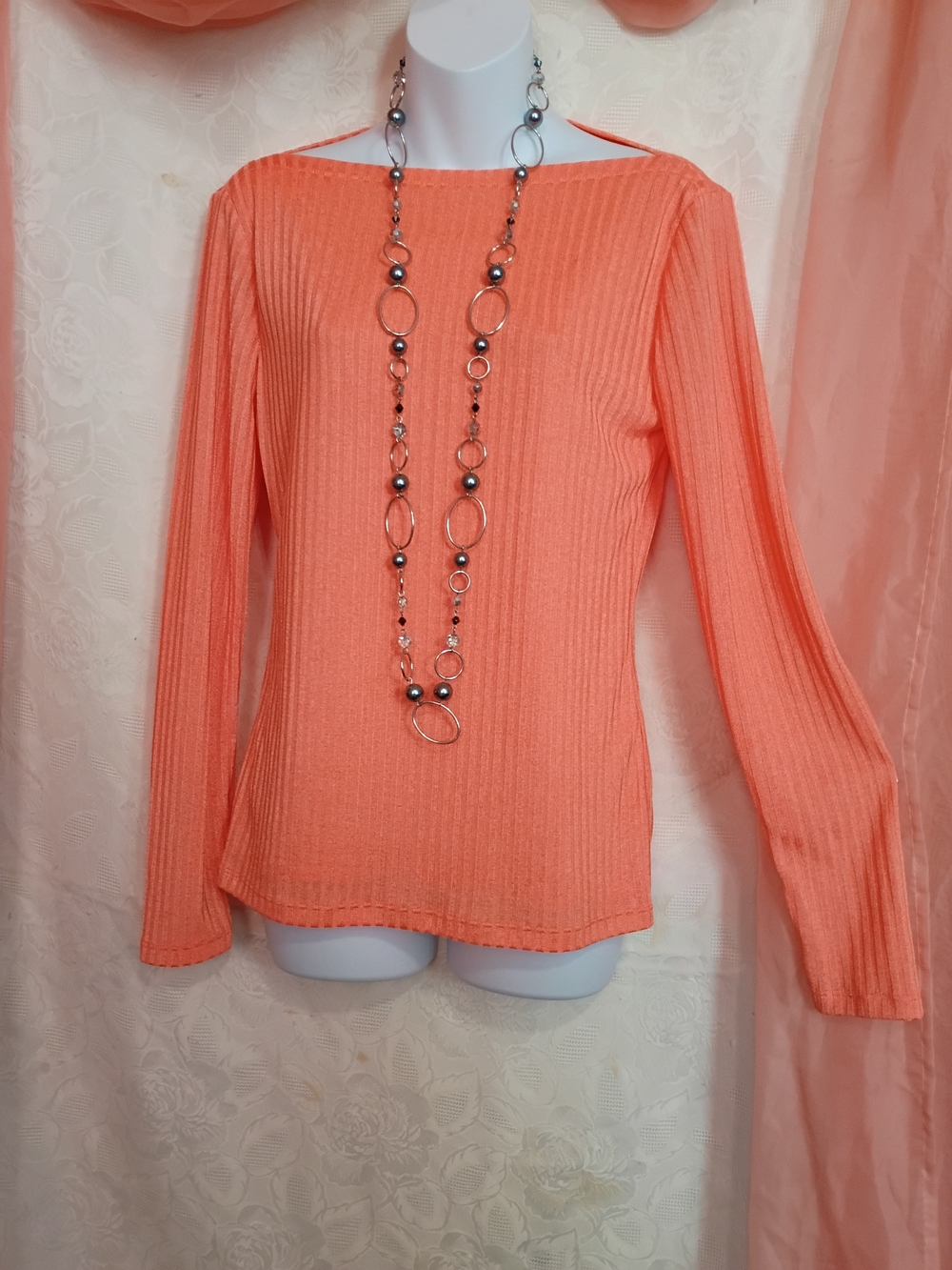 DKNY Ladies Coral-Orange Ribbed Boatneck Long Sleeve Top Sz Sm